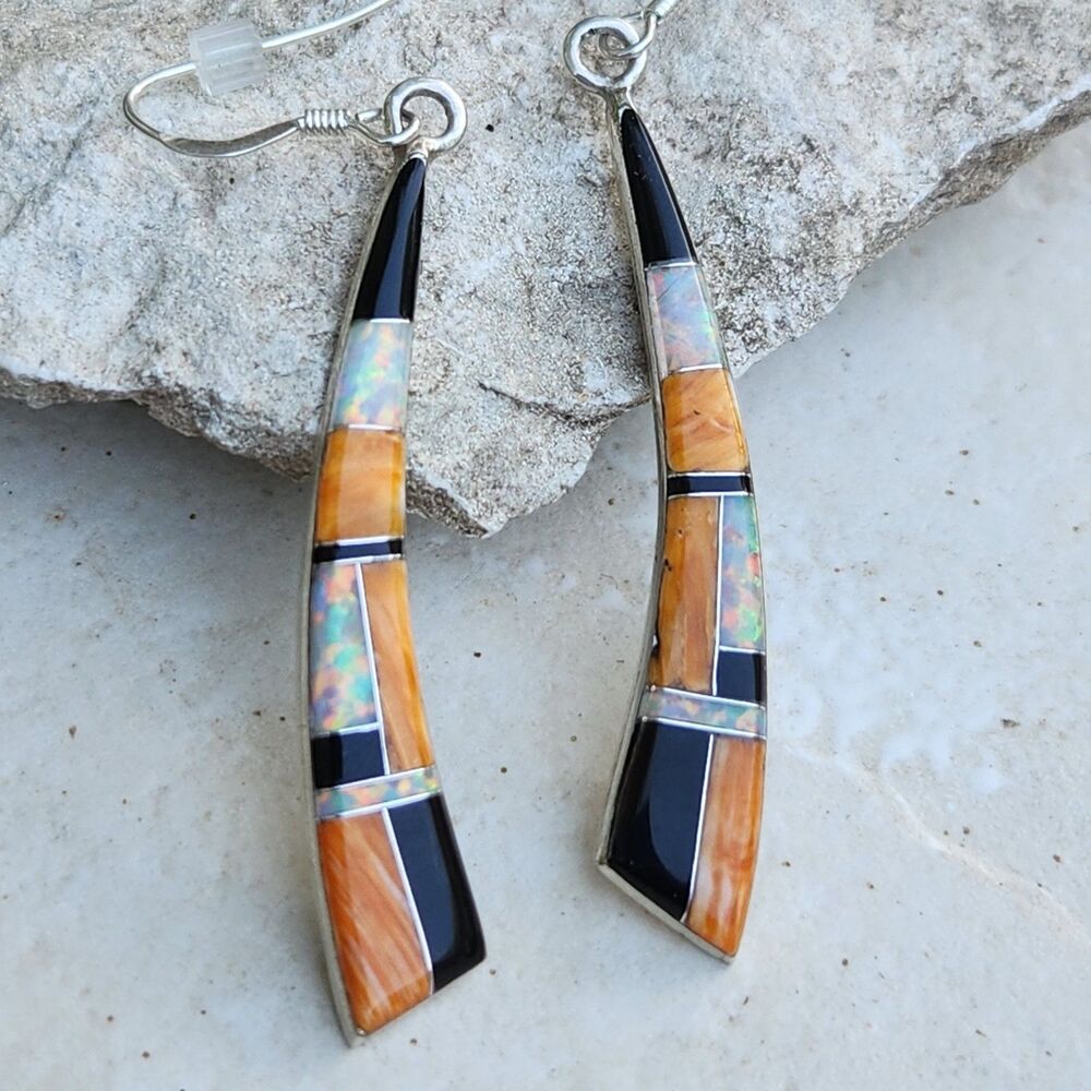 Shirley Martinez signed Navajo inlay earrings Jet Spiny Oyster Created Opal